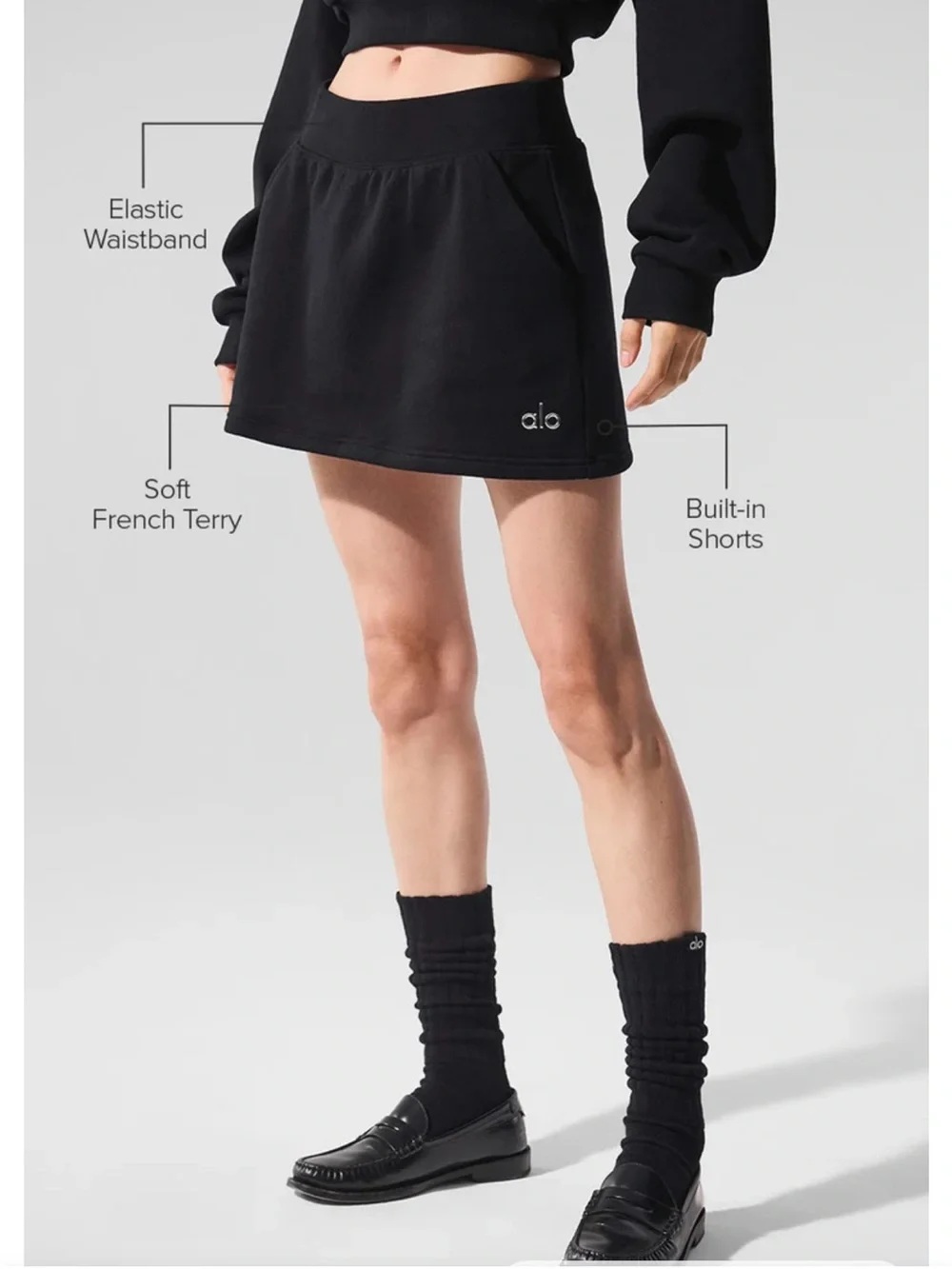 ALO Yoga Accolade Skirt Skort Black Pockets French Terry Size S NWOT